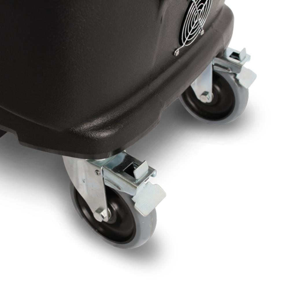 Close-up of office chair wheels on a white background