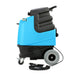 Blue and black cleaning machine with wheels on a white background