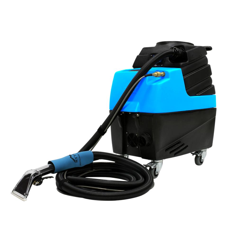 Blue and black pressure washer with hose on a white background