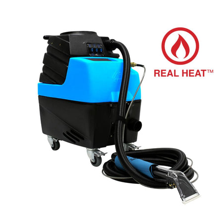 Blue and black industrial steam cleaner with 'Real Heat' logo on a white background