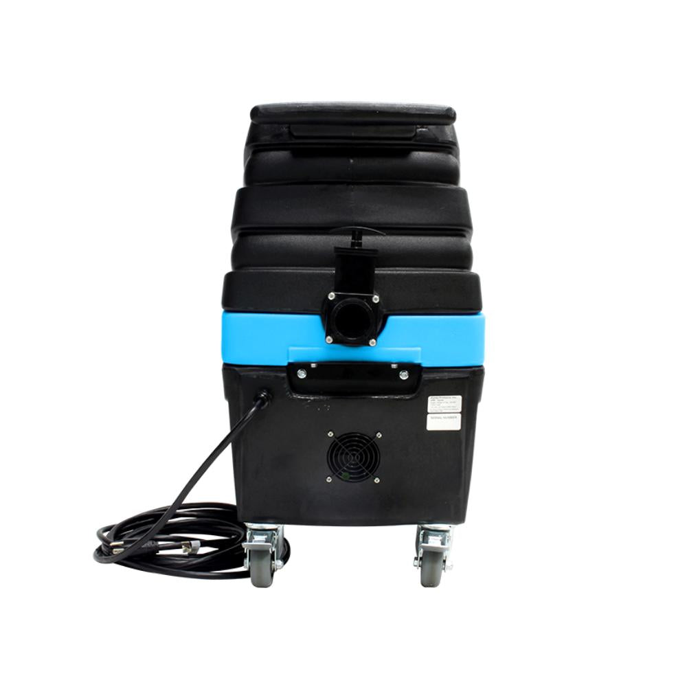 Black suitcase with a blue stripe on a white background