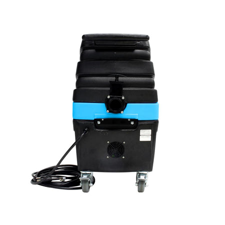 Black suitcase with a blue stripe on a white background