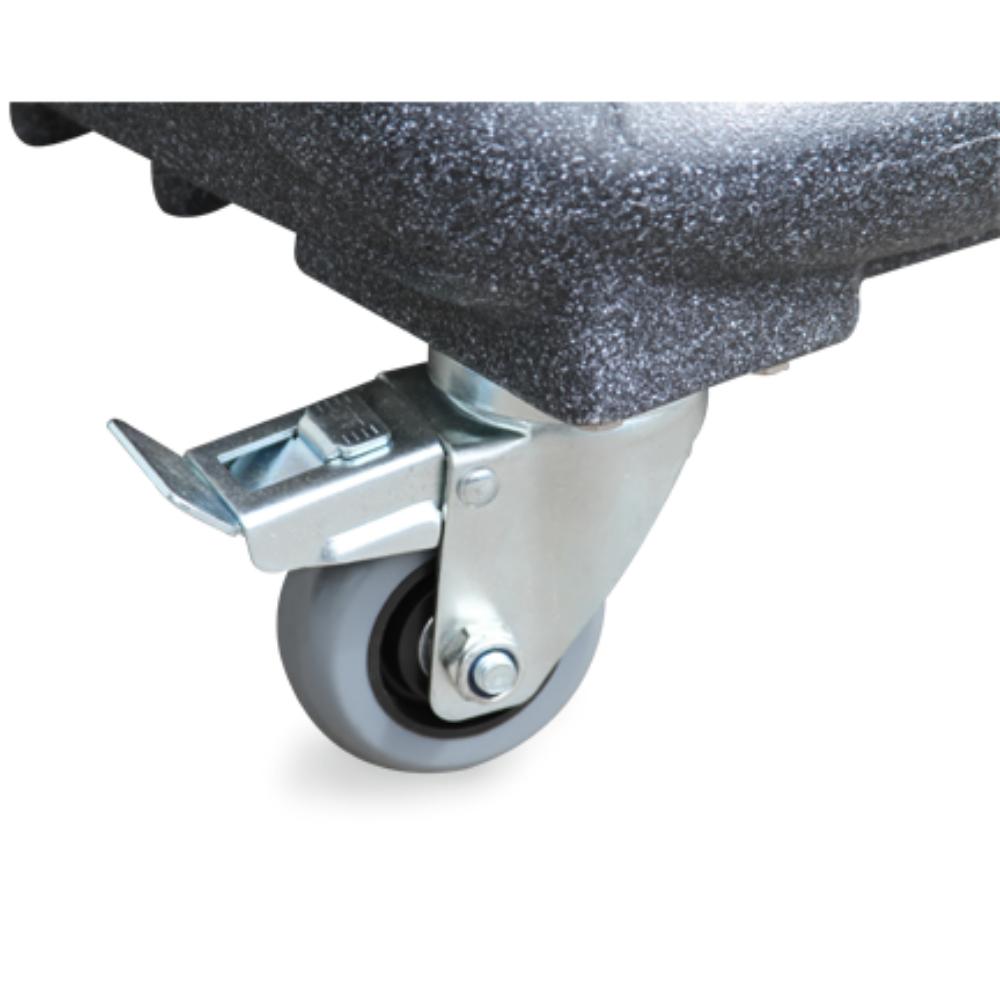Close-up of a caster wheel with a gray wheel and metal brake on a white background