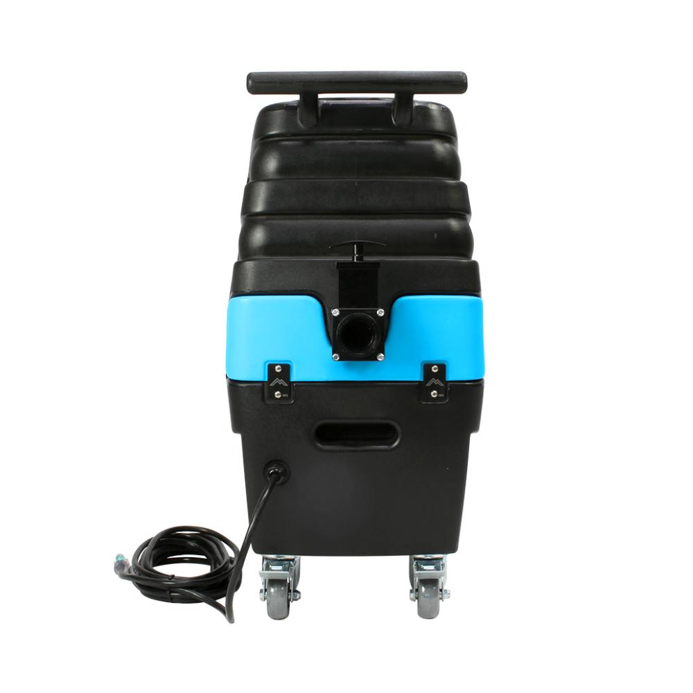 Black and blue cooler with wheels and a handle on a white background