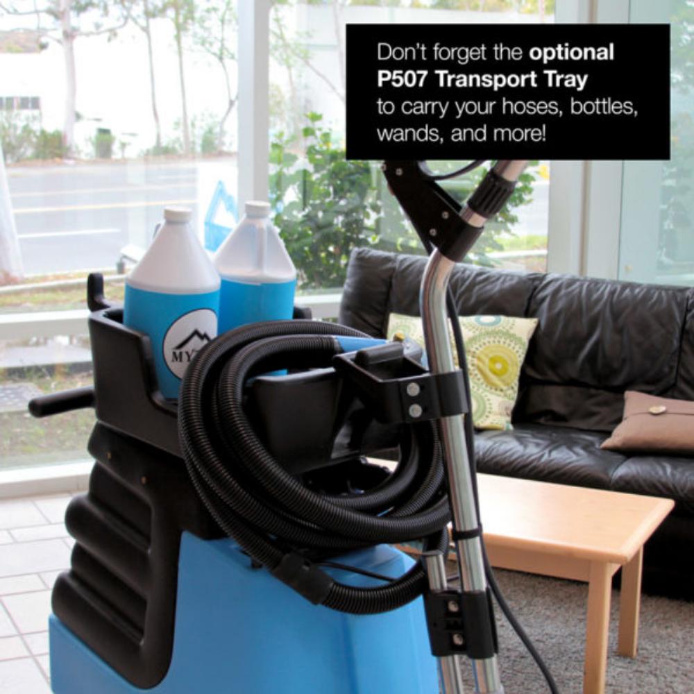 Blue Mytee Hp120 cleaning machine with hose and bottles in a living room setting, featuring text about an optional transport tray.
