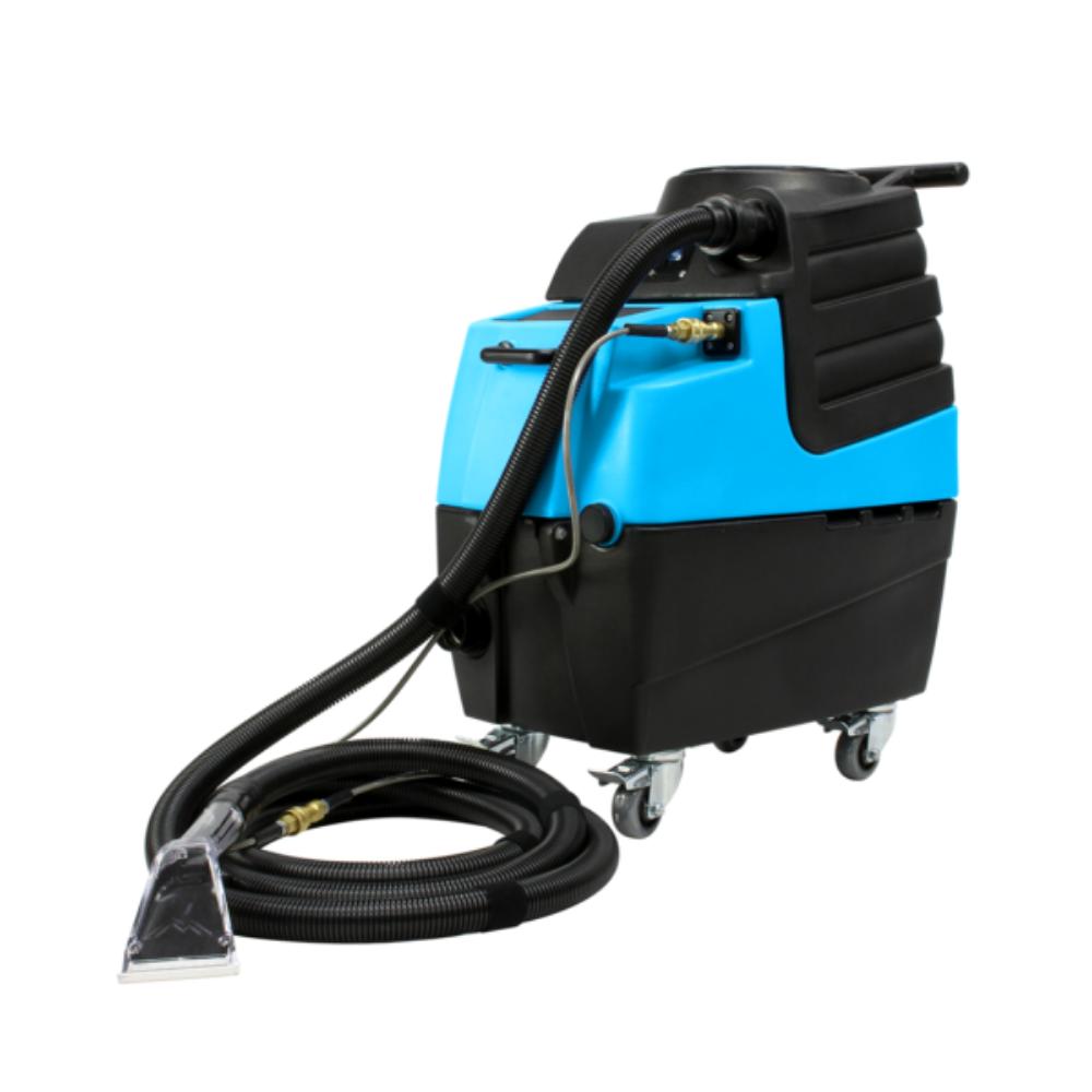 Blue and black Mytee-Hp90 carpet cleaner with hose on a white background