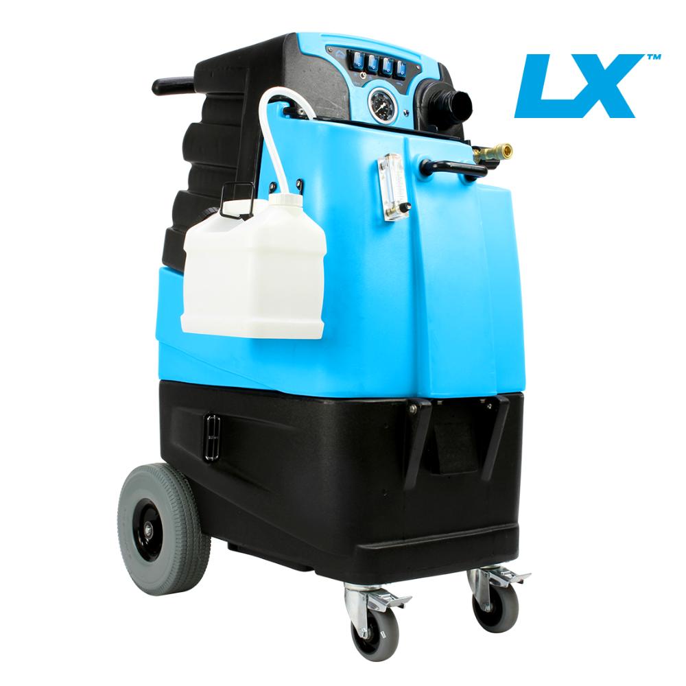 Blue and black cleaning machine with a white container on a white background, featuring the LX logo.