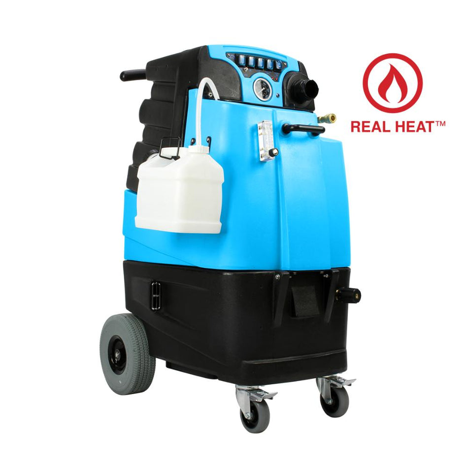 Blue and black Mytee-LTD3 machine with a white container on wheels, featuring 'Real Heat' logo.