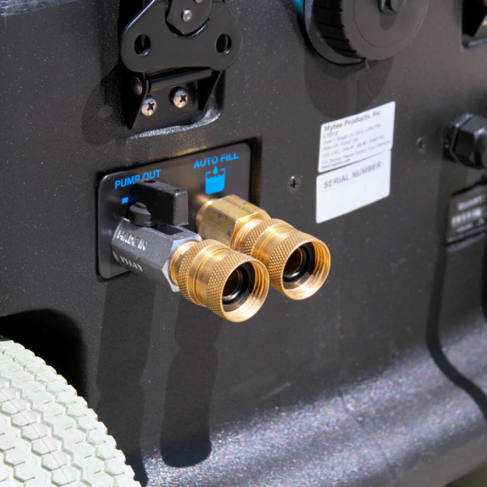 Close-up of a Mytee-LTD3 mechanical device with gold connectors on a black background