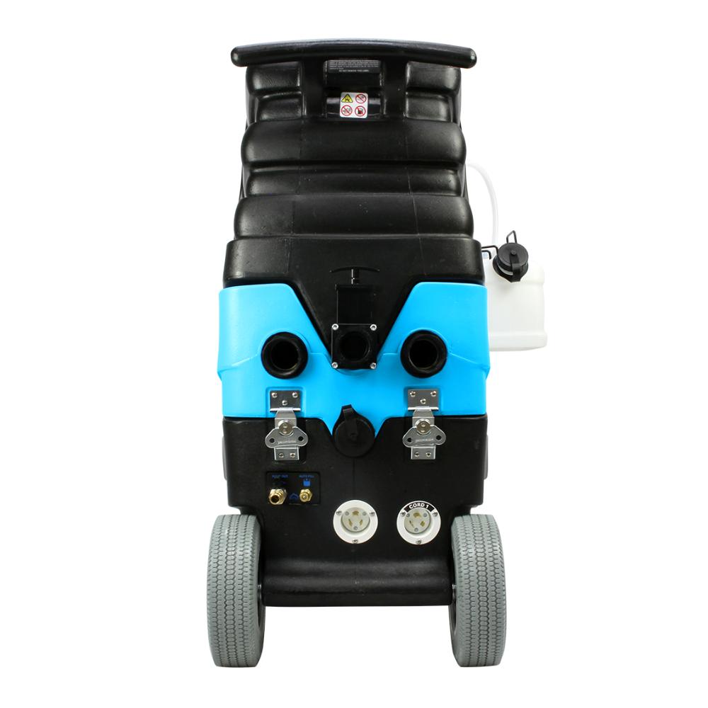 Back view of a black and blue Mytee-LTD3 carpet cleaner on a white background