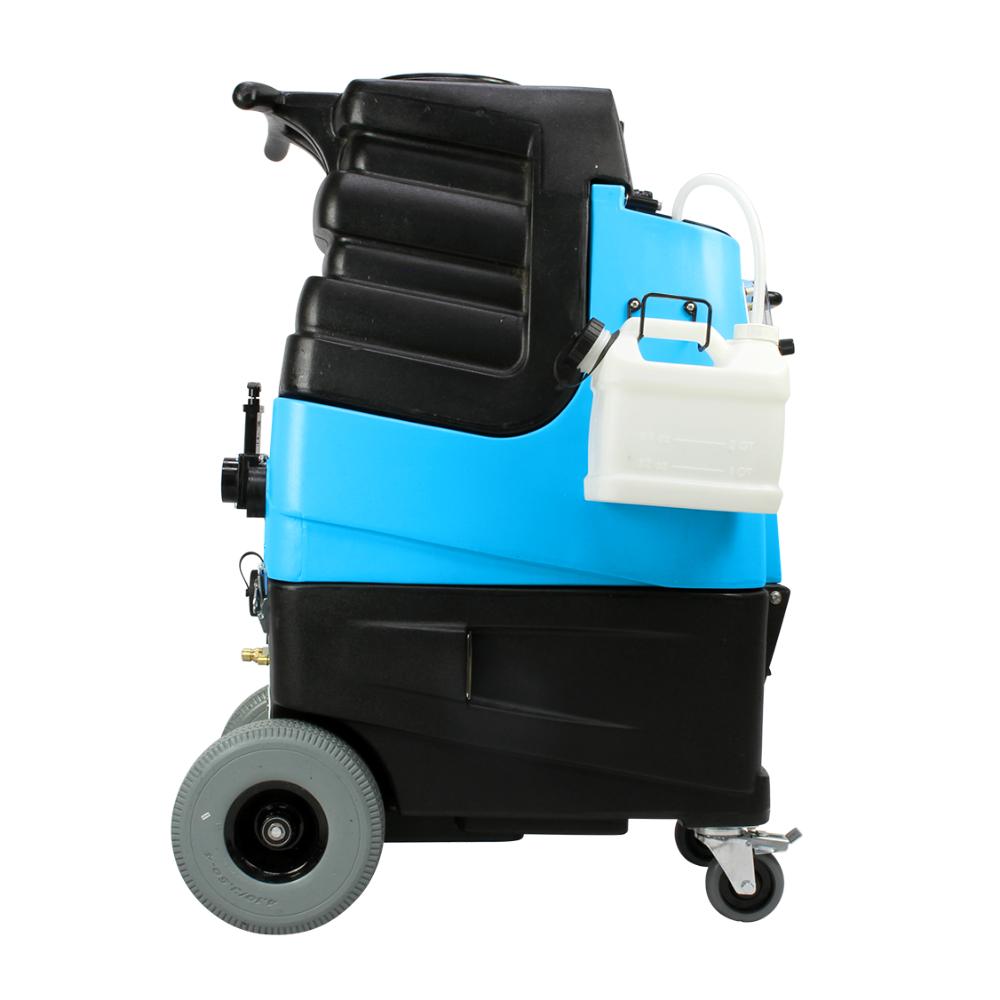 Blue and black Mytee-LTD3 cleaning machine with a white container on a white background