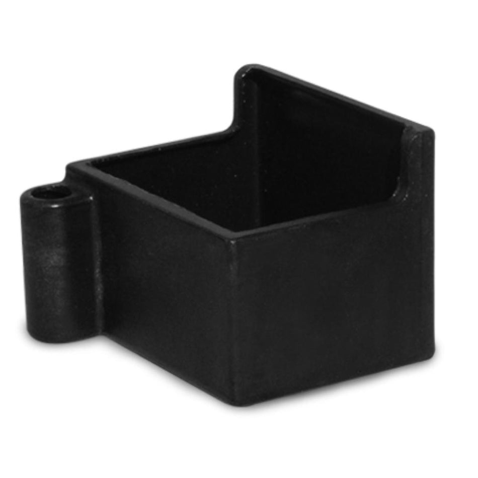 Black plastic corner bracket on a white background