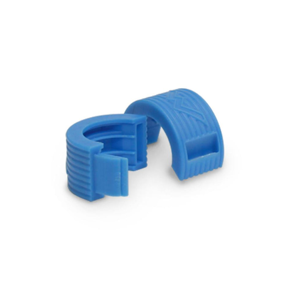 Two blue plastic clips on a white background