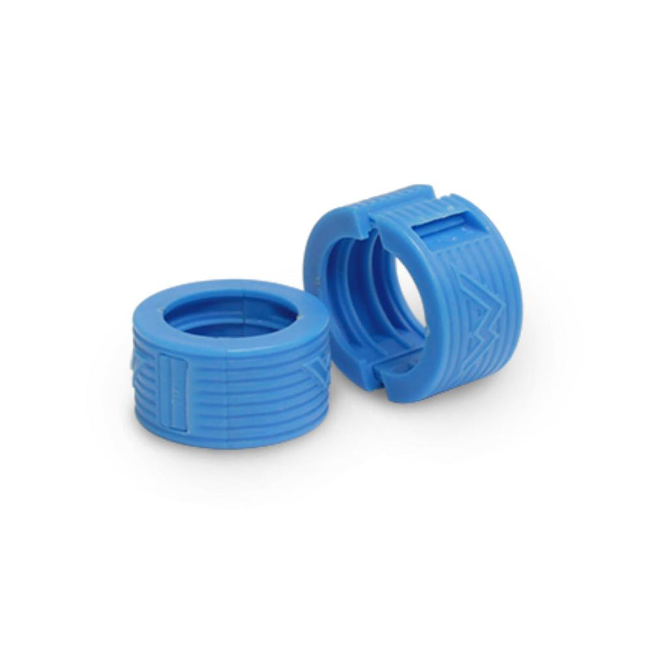 Two blue plastic connectors on a white background