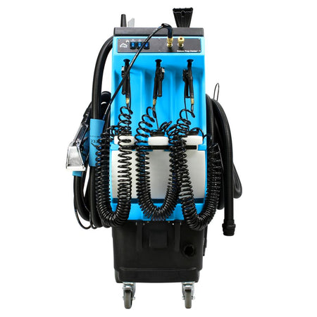Mytee-Prep-Center front view Blue and black industrial cleaning machine with coiled hoses on a white background