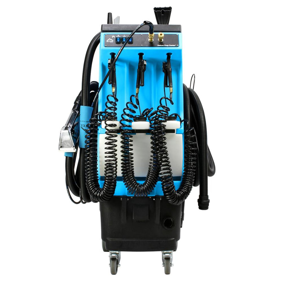 Mytee-Prep-Center front view Blue and black industrial cleaning machine with coiled hoses on a white background