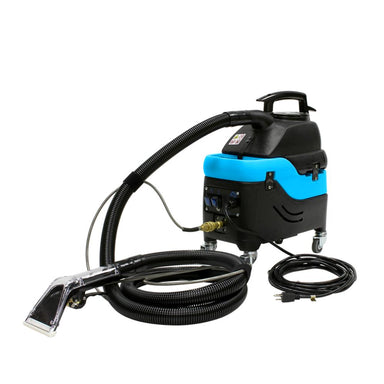 Blue and black industrial cleaning machine with hose on a white background