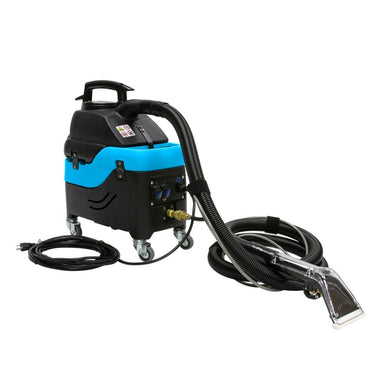 Black and blue industrial cleaning machine with hoses on a white background