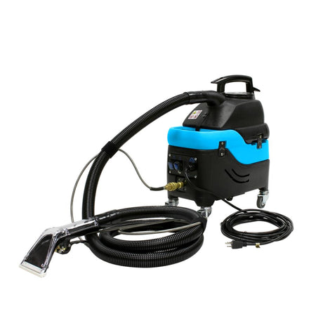 Mytee-S-300H Blue and black industrial cleaning machine with hose on a white background