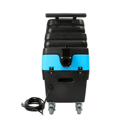 Black and blue Mytee Stingray Hp90  with wheels and a handle on a white background