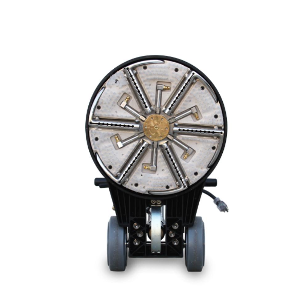 Decorative object with metallic design and wheels on a white background