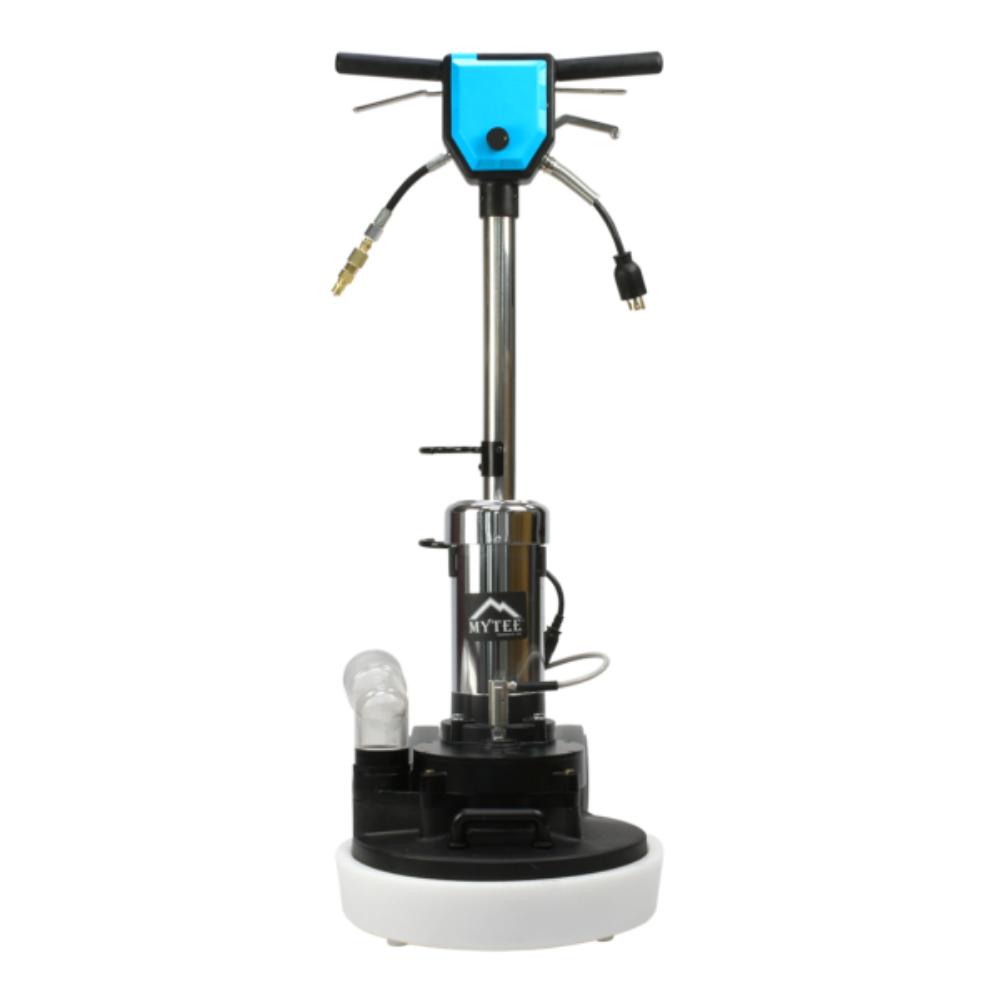 Floor cleaning machine with a blue handle on a white background