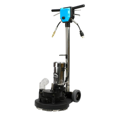 Floor polishing machine with blue handle and visible brand logo on a white background