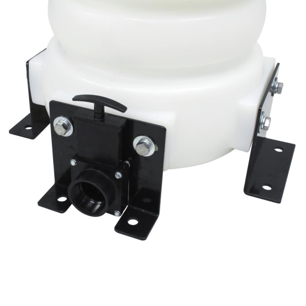 Mechanical component with white cylindrical part and black metal bracket on a white background