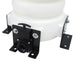 Mechanical component with white cylindrical part and black metal bracket on a white background