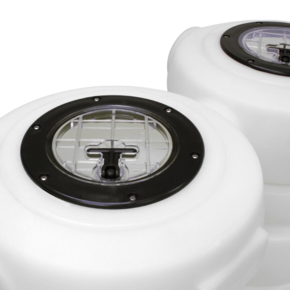 White marine fuel tanks with black caps on a white background