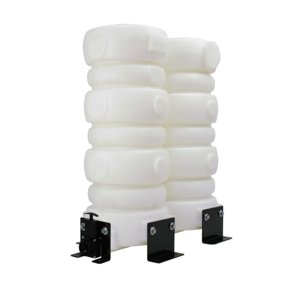 Stack of white cylindrical tanks with black brackets on a white background