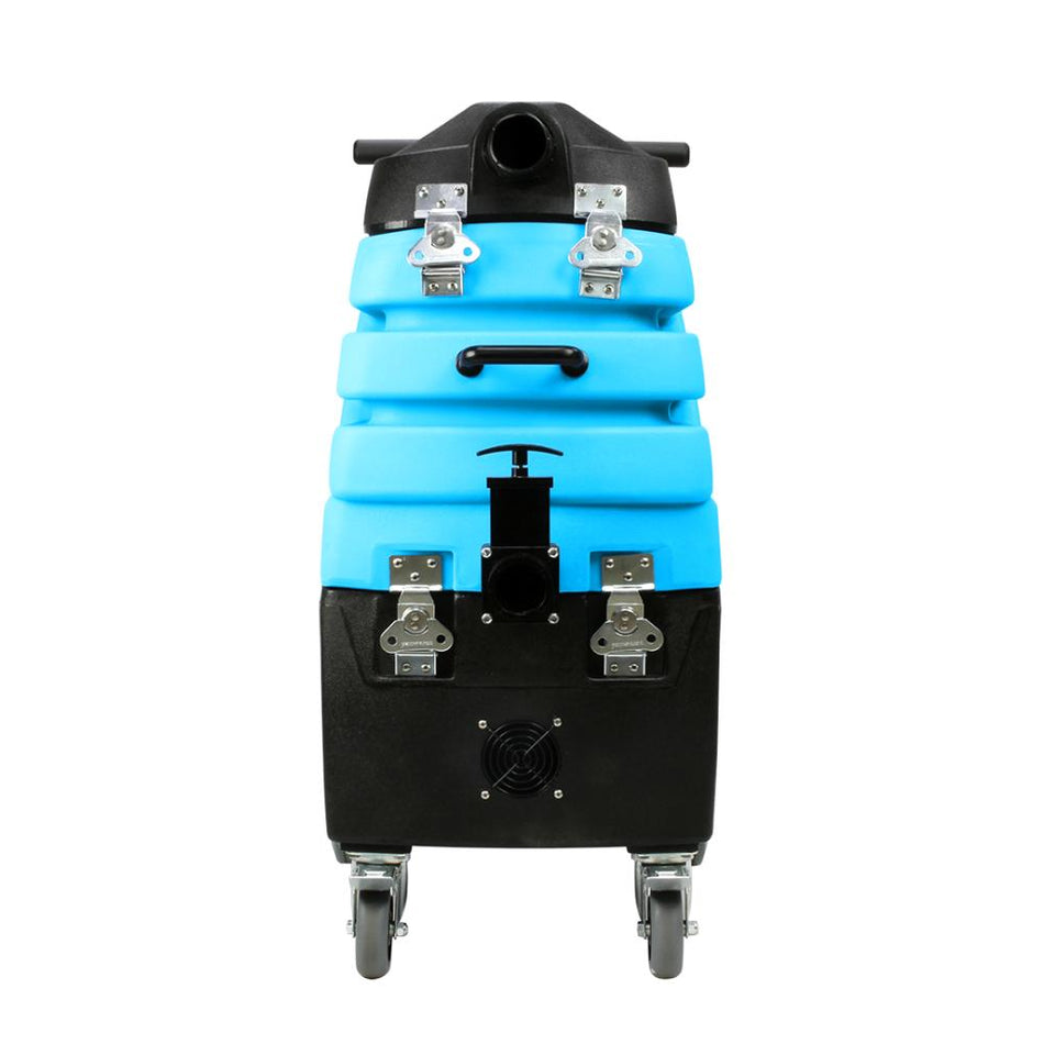 Blue and black Mytee-Water-Hog cylindrical container with wheels on a white background