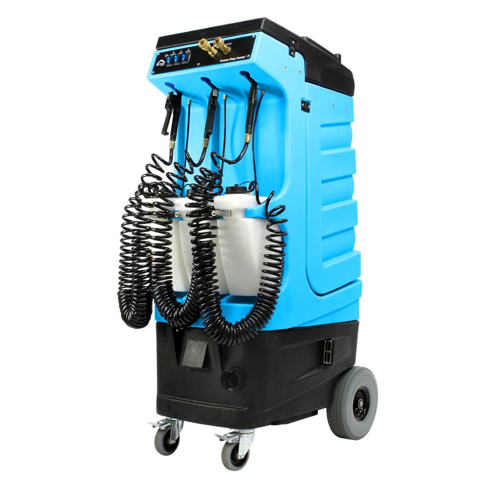 Mytee 80 120 Front Left Blue and black industrial cleaning machine with hoses on a white background
