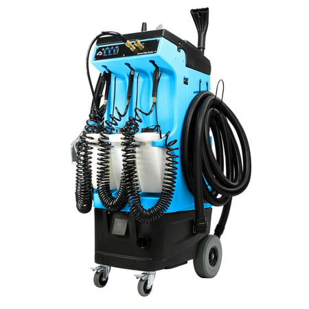 Mytee Deluxe detail prep center Blue and black industrial cleaning machine with hoses on a white background