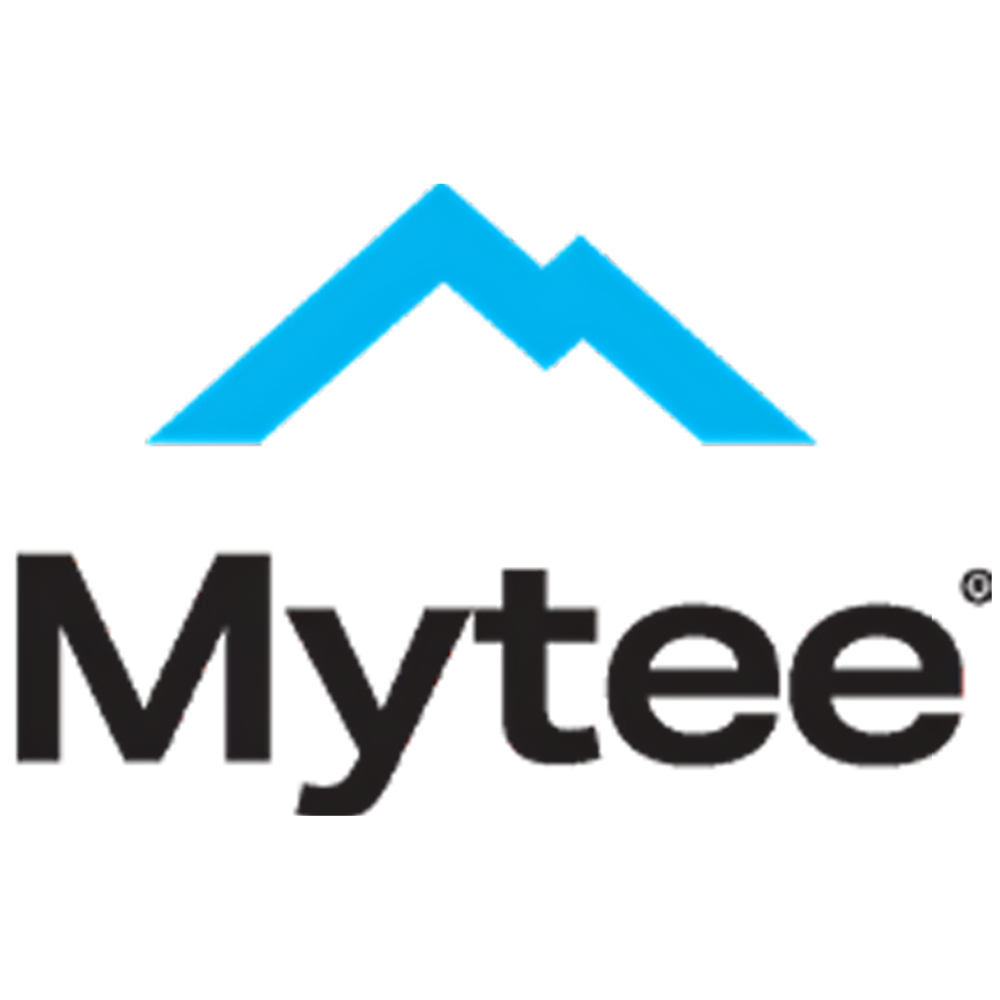 Mytee logo with a blue triangle on a white background