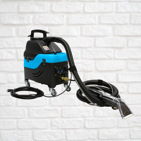 Mytee s 300 Non-Heated Black and blue cleaning machine with hose on a white brick wall background
