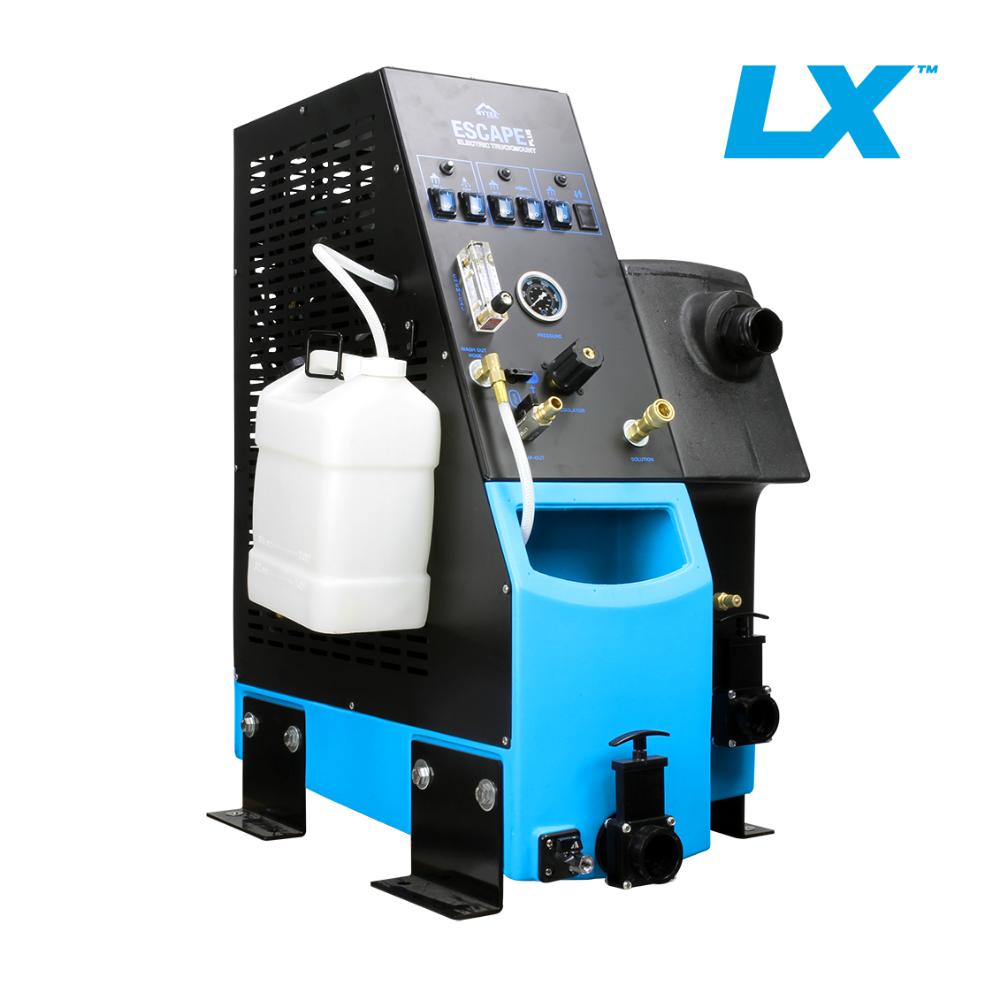 Mytee escape lx plus Blue and black truck mount machine with a white container on a white background, featuring the 'LX' logo.
