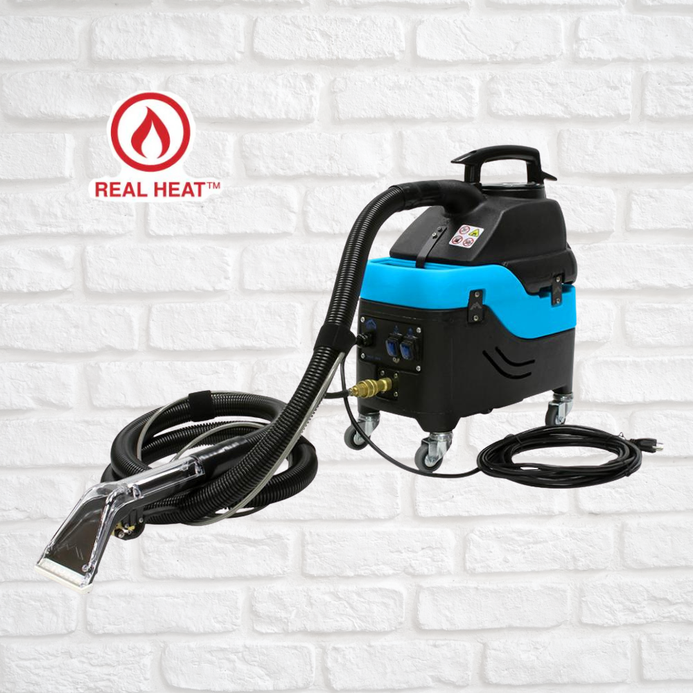 Black and blue Mytee s 300h steam cleaner with a hose on a white brick wall background, featuring the Real Heat logo.