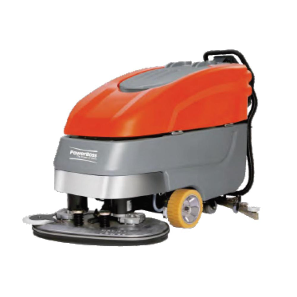 Orange and grey push Powerboss phoenix 33 30 floor scrubber with back squeegee attachment and front circular pad. 