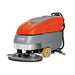 Orange and grey push Powerboss phoenix 33 30 floor scrubber with back squeegee attachment and front circular pad. 