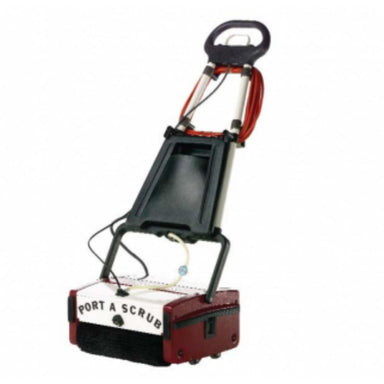 Red and black Push circular spin floor scrubber with white aluminum hood that has the words "Port a Scrub" on it. 