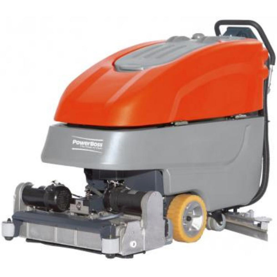 Orange and Grey Power Boss 2830 push floor scrubber with circular front suctions cleaning section