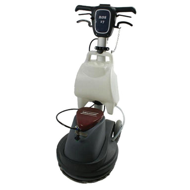 Standing floor scrubber with white water container attached to the handle