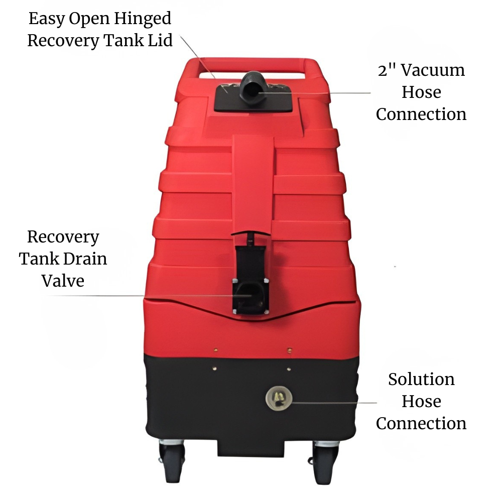RotoVac Monsoon Red and black recovery tank with labeled features on a white background