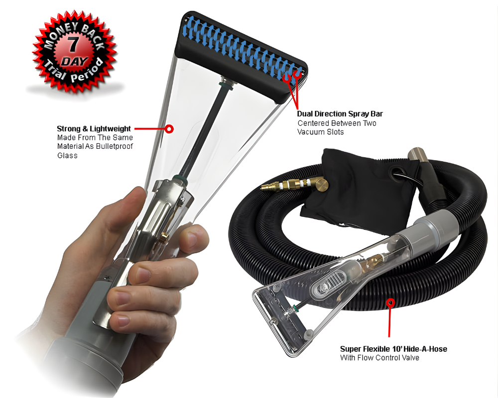 RotoVac Shear Dry  Diagram with spray bar and hose, held by a hand, on a white background.