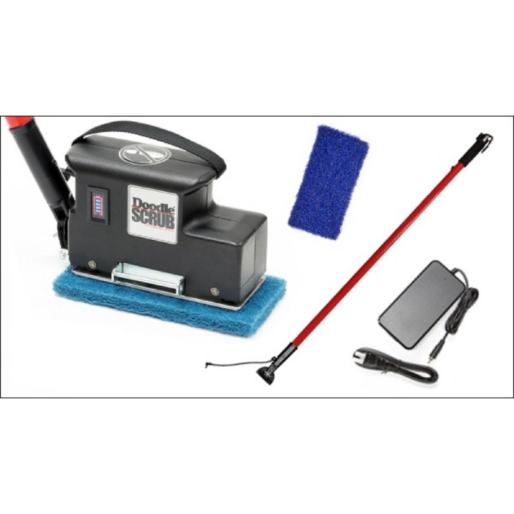 Cleaning tool set with scrubber, extension pole, and power cord on a white background
