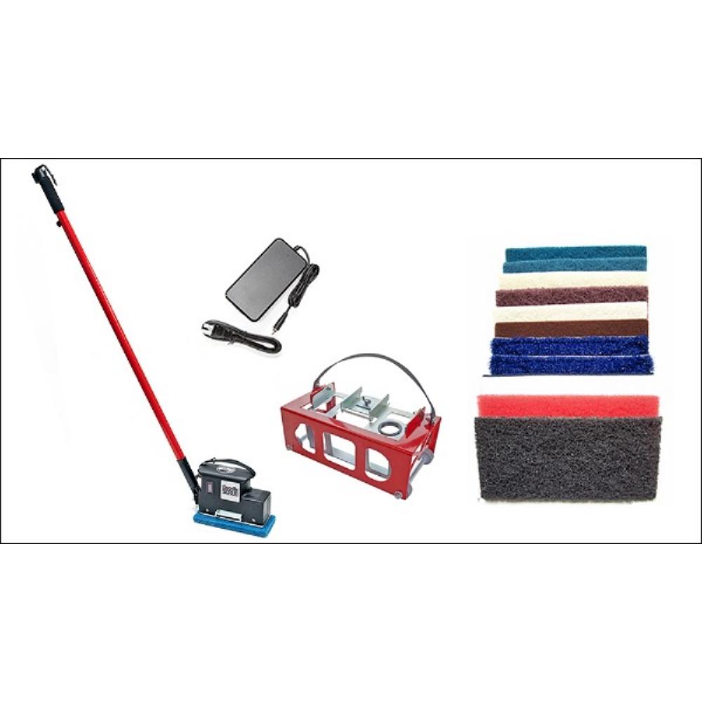 Cleaning tool set with red handle, metal components, and multiple scrub pads on a white background