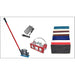 Cleaning tool set with red handle, metal components, and multiple scrub pads on a white background