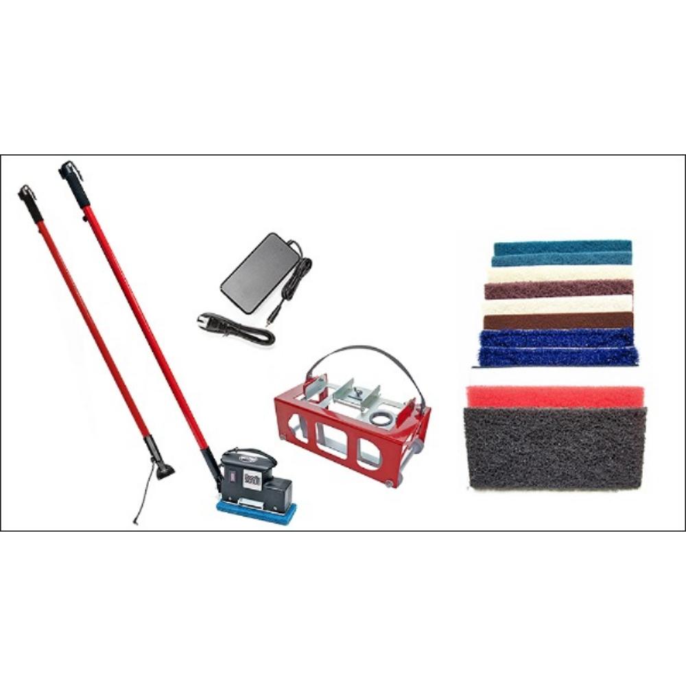 Cleaning tool set with brooms, sponges, and other accessories on a white background
