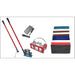 Cleaning tool set with brooms, sponges, and other accessories on a white background